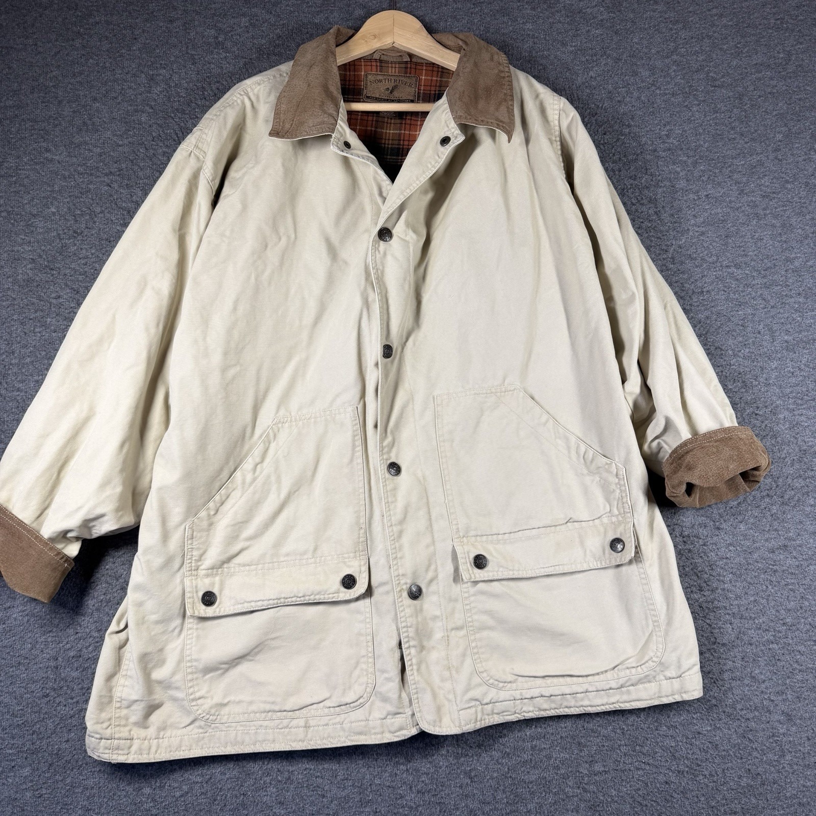 Vintage North River Chore Coat Mens 2xl Xxl Beige Leather Trim